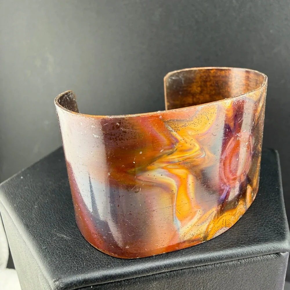 Vintage Copper Cuff Bracelet Multicolor Flame Painted Artist Signed Size 6